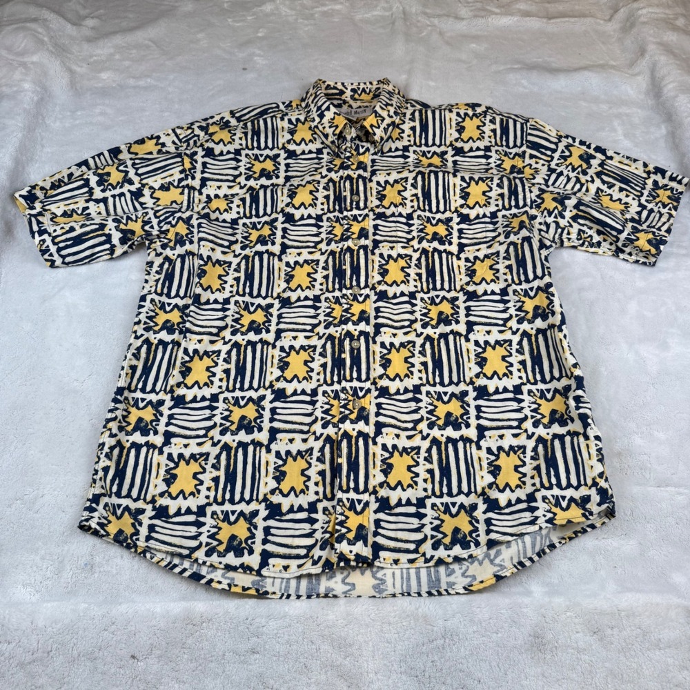 Alexander Martin Mens XL Short Sleeve Button Down Shirt Abstract Geo Navy Yellow
